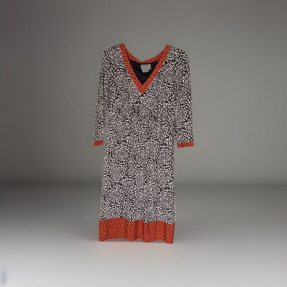 Maggie London Fall Women Dress V Neck Brown Cream Burnt Orange 3/4 Sleeve Sz 8